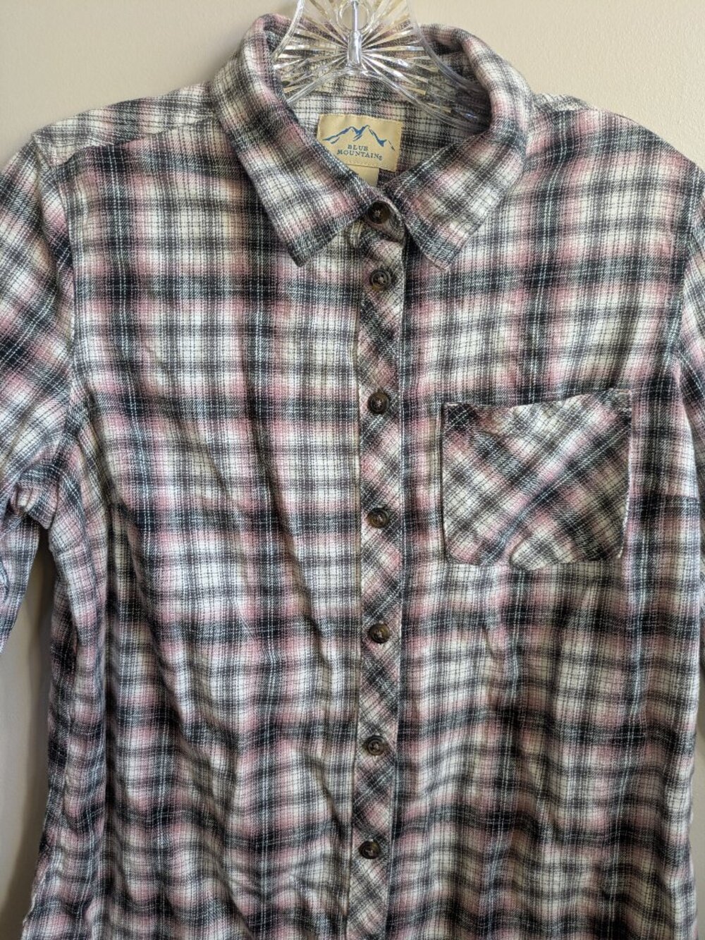 blue mountain women's pink/black plaid flannel long sleeve cotton size S #825